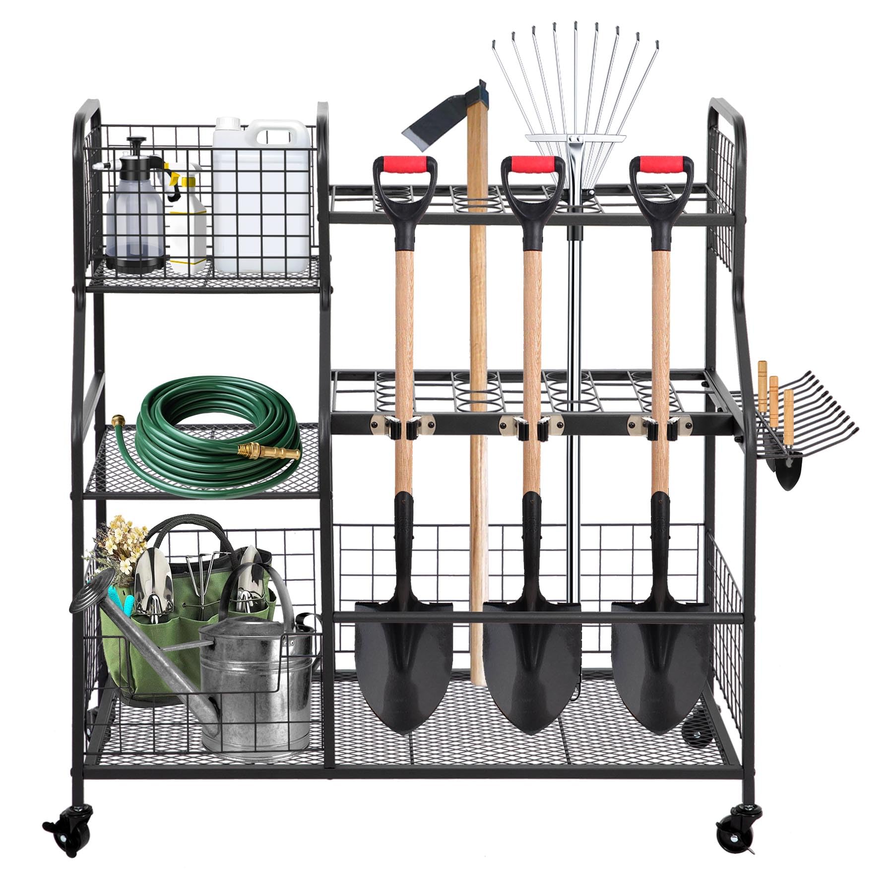 biosp 3-Tier Garden Tool Organizer for Garage, Utility Yard Tool Stand Holder Shelves with Wheels, Heavy duty Shed Tool Storage Rack with Multiple Hooks & Basket, Up to 18 Long-Handled Tools, Black