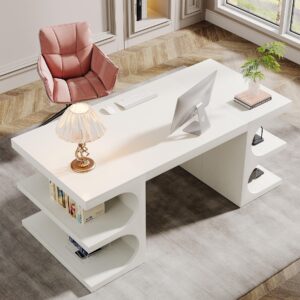 Tribesigns 62" Executive Office Desk, Large Computer Desk with Storage Shelves, Modern Wood Writing Desk Study Table, Workstation Desk Business Furniture for Home Office, White