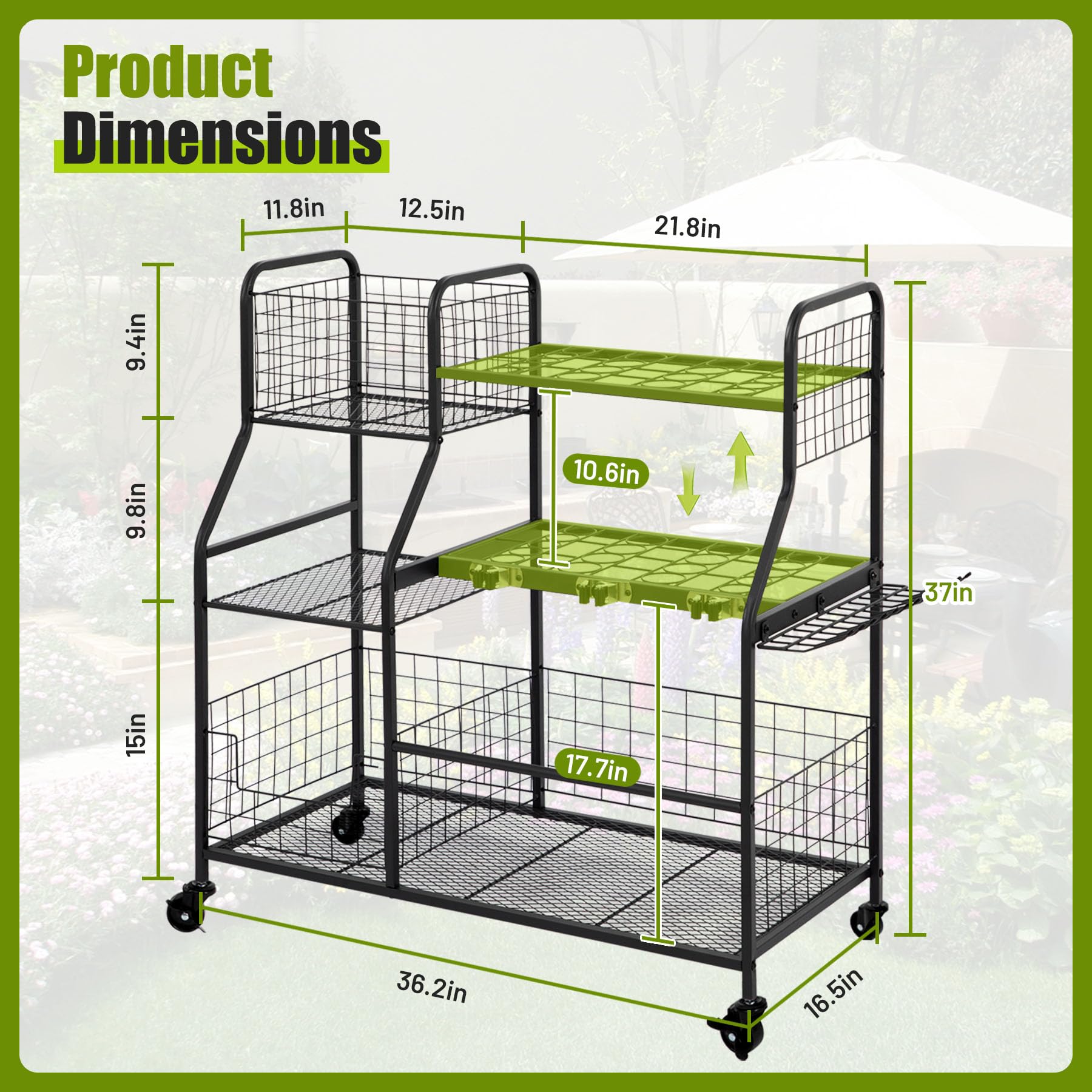 biosp 3-Tier Garden Tool Organizer for Garage, Utility Yard Tool Stand Holder Shelves with Wheels, Heavy duty Shed Tool Storage Rack with Multiple Hooks & Basket, Up to 18 Long-Handled Tools, Black