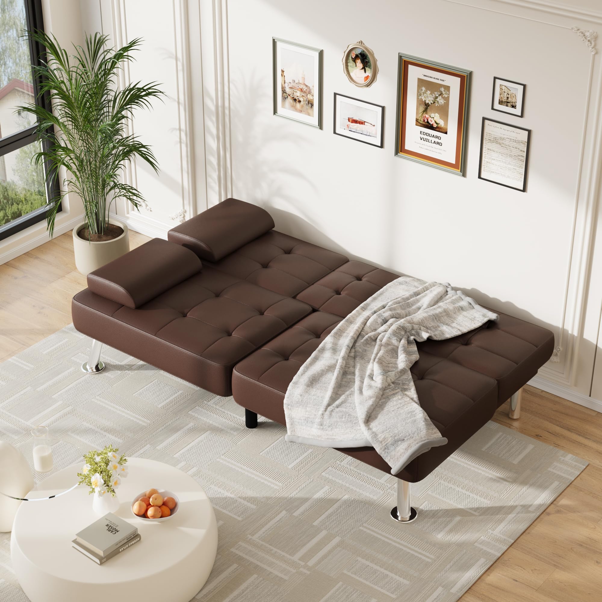 Furmax Futon Sofa Bed Adjustable Futon Couch Sleeper Sofa Bed for Living Room, Business Office, Recliner Sofa with Cup Holders (PU Leather, Brown)