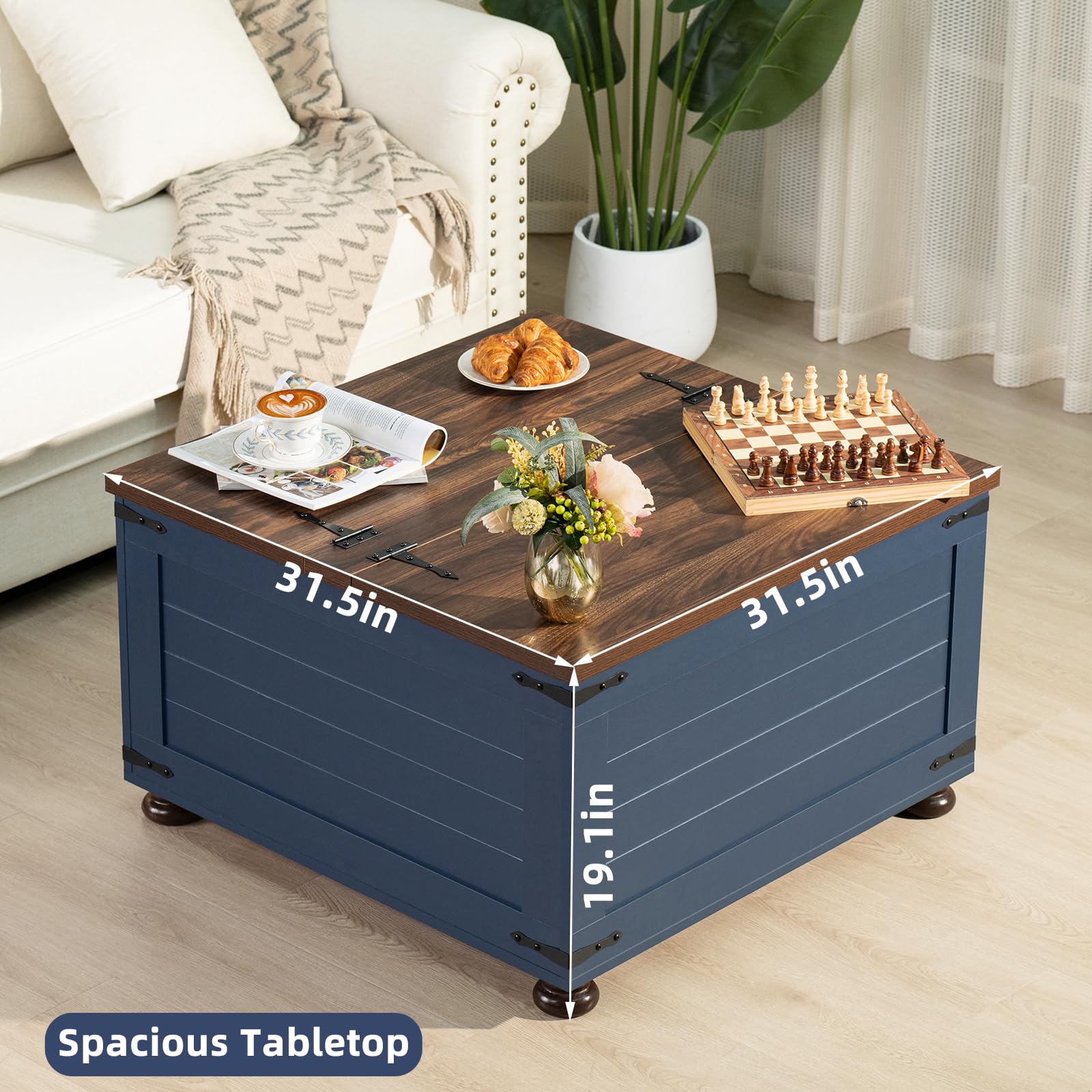 Joaxswe Farmhouse Coffee Table with Hidden Storage,Wood Large Square Center Table for Living Room,Rustic Cocktail Tables with Flip-Top Lids, Farm House Tables with Wooden Gourd Feet,Navy Blue