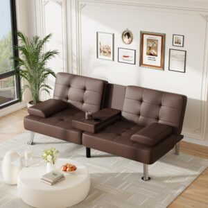 Furmax Futon Sofa Bed Adjustable Futon Couch Sleeper Sofa Bed for Living Room, Business Office, Recliner Sofa with Cup Holders (PU Leather, Brown)