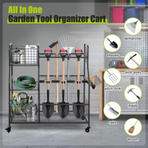 biosp 3-Tier Garden Tool Organizer for Garage, Utility Yard Tool Stand Holder Shelves with Wheels, Heavy duty Shed Tool Storage Rack with Multiple Hooks & Basket, Up to 18 Long-Handled Tools, Black