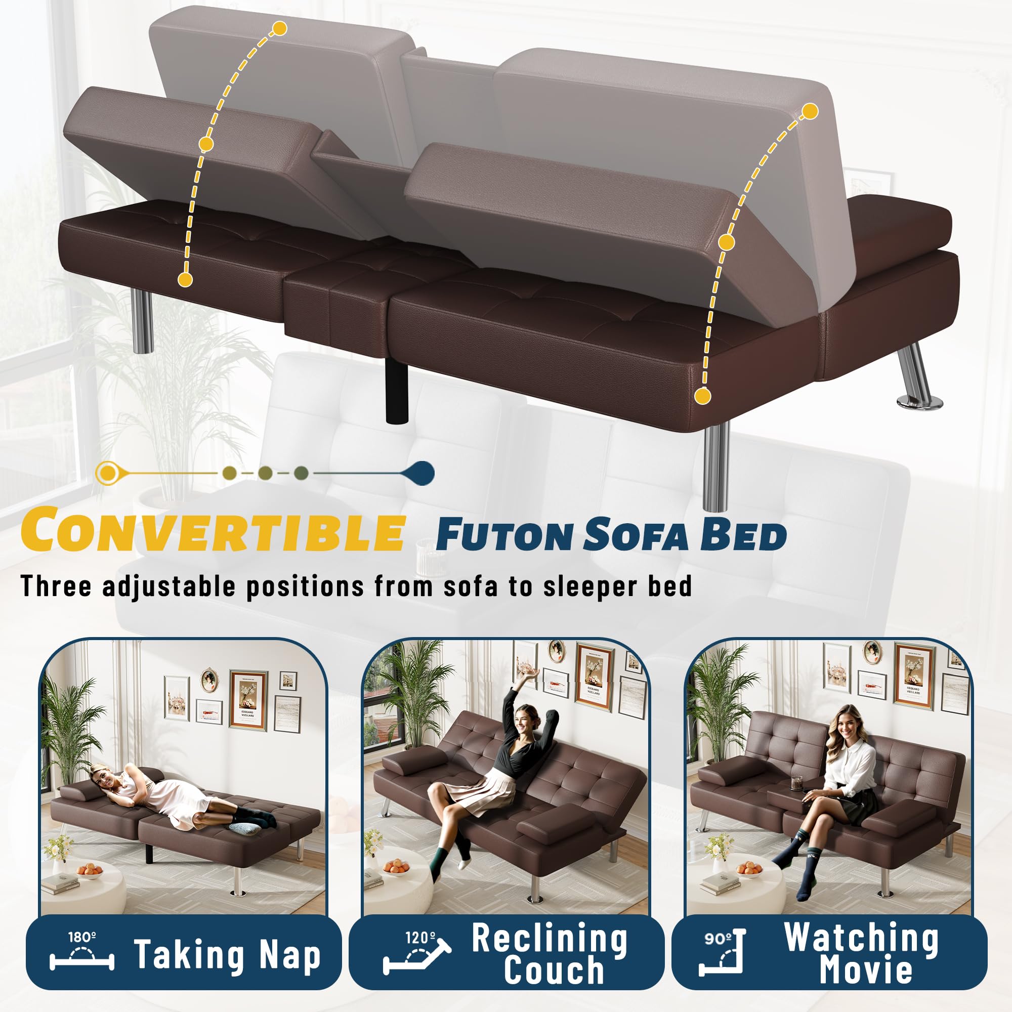 Furmax Futon Sofa Bed Adjustable Futon Couch Sleeper Sofa Bed for Living Room, Business Office, Recliner Sofa with Cup Holders (PU Leather, Brown)