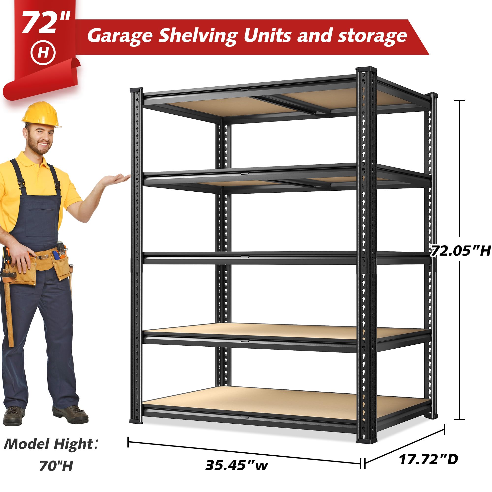 REIBII 72" H Storage Shelves 2300LBS Heavy Duty Garage Shelving Adjustable 5 Tier Garage Storage for Garage Kitchen Basement Industrial Metal Shelf Organizer Black