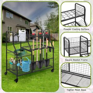 biosp 3-Tier Garden Tool Organizer for Garage, Utility Yard Tool Stand Holder Shelves with Wheels, Heavy duty Shed Tool Storage Rack with Multiple Hooks & Basket, Up to 18 Long-Handled Tools, Black