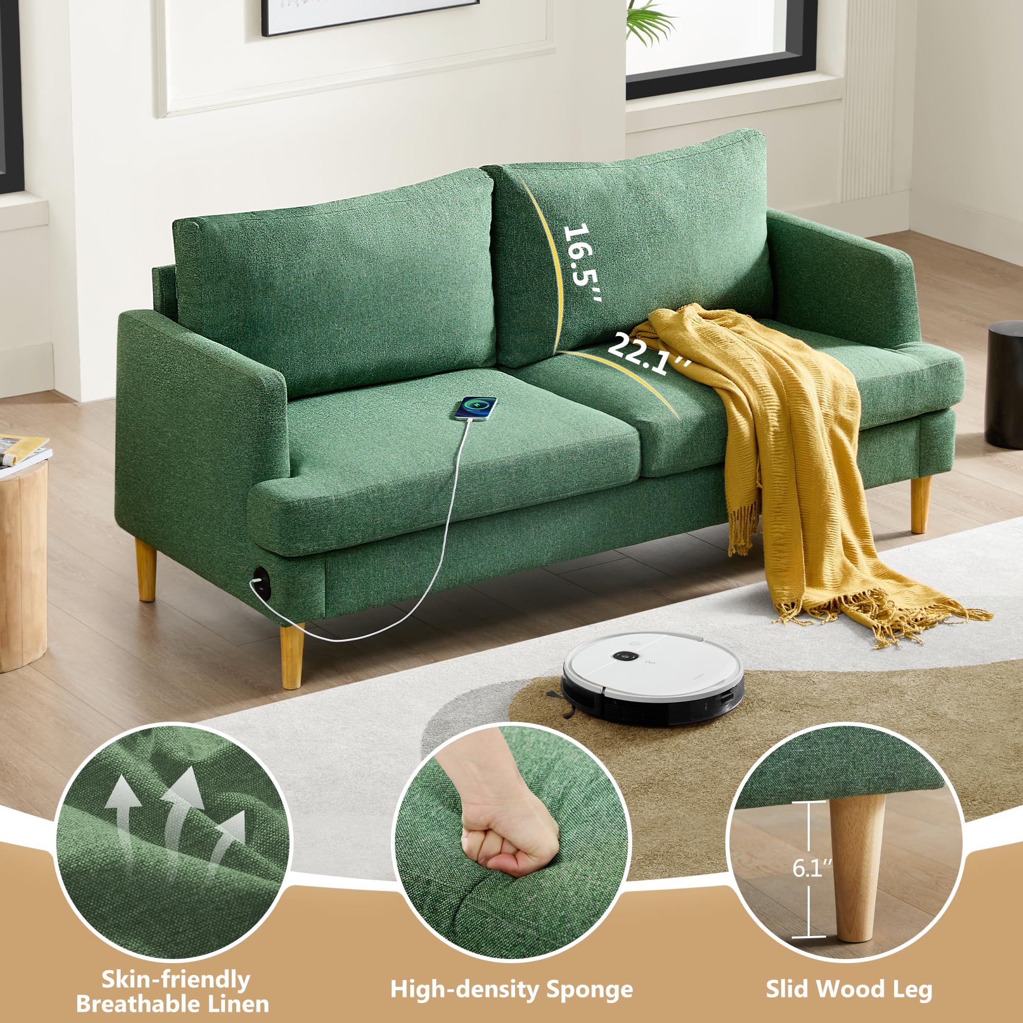 Krcix 70" Loveseat Sofa, Mid Century Modern Love Seat, 2 Seater Sofa Couches for Living Room, Small Couch with USB & Removable Pillow Cover, Comfy Couch for Bedroom, Apartment, Green