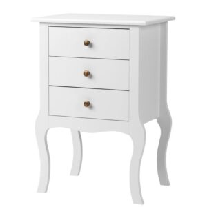 ikgh night stand, retro bedside cabinet with 3 large storage drawers and solid wood curved legs living room bedroom furniture,white