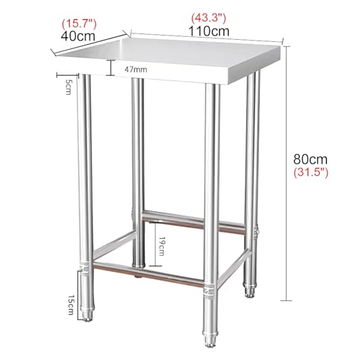 Single Tier Stainless Steel Work Table Commercial Multifunctional Preparation Table Kitchen Utility Open Storage Rack Metal Table Sturdy and Stable with Stainless Steel Adjustable Feet