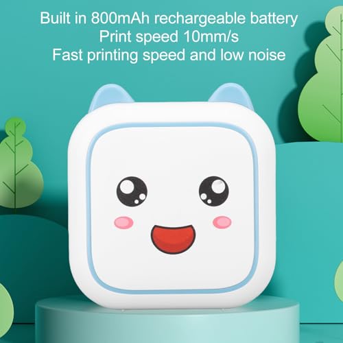 Mini Printer Inkless Easy to Carry 800mAh Rechargeable Battery Low Noise Bluetooth Mobile Thermal Printer for Notes Journal Memo Photo Study DIY Scrapbook Anatomy Flashcards Kids (Blue)