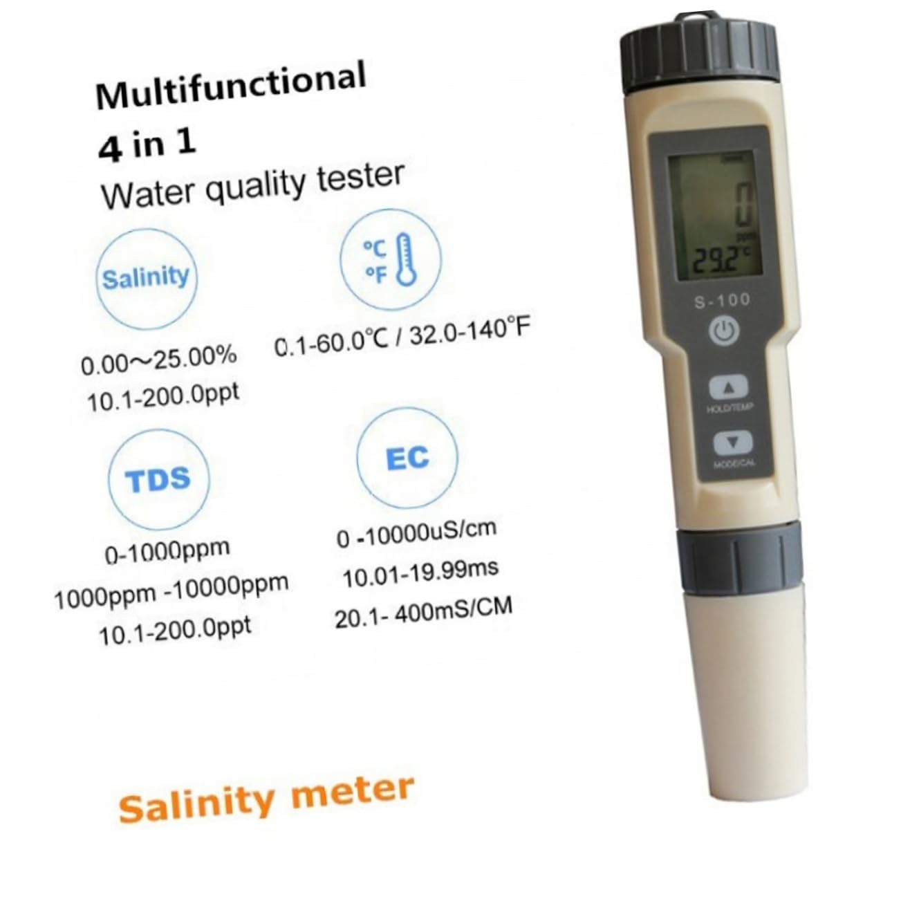 MUSISALY Pen Hydrometer Temperature Tester Water Quality Tester Salt Water Gravimeter Salt Meter Water Salimeter Light Grey