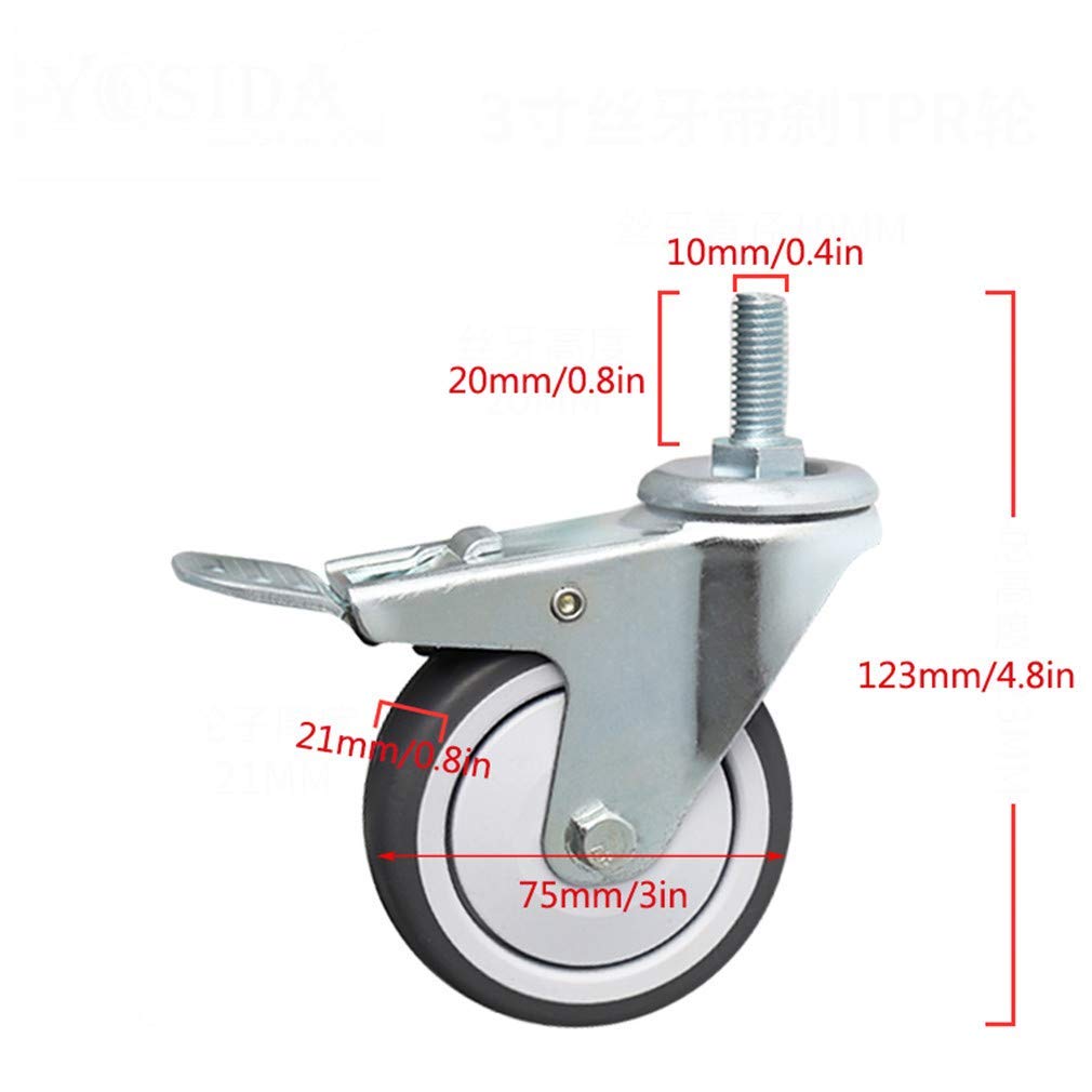 Mute Trolley Furniture Caster,Rubber Swivel Castor Wheel,Replacement Castors,Galvanized Steel Bracket,Universal 360(Brake,3inch)