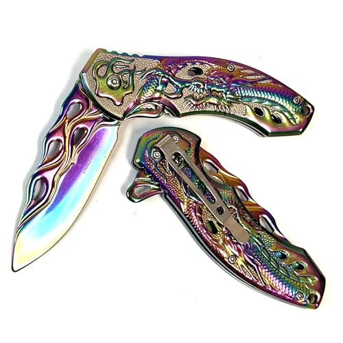 GOLDENSUN 8" rainbow all stainless steel folding pocket knife GLX07RB