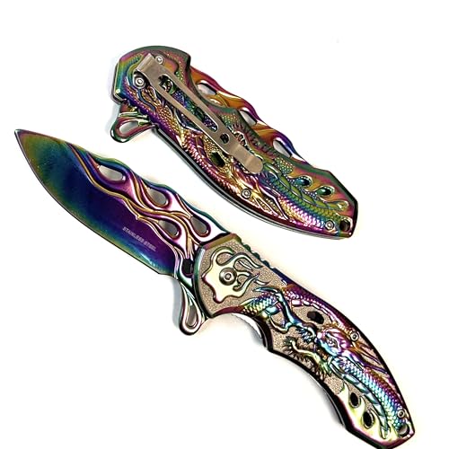 GOLDENSUN 8" rainbow all stainless steel folding pocket knife GLX07RB