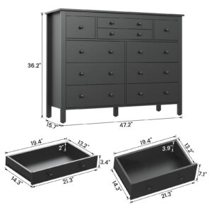 10 Drawer Large Black Dresser for Bedroom, 47.2" Long Chest of Drawers with Deep Drawers, Modern Wooden Storage Dresser for Closet, 36.2" Tall Dresser TV Stand for Living Room, Hallway, Entryway