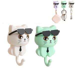 cool cat key holder, cat key holder, cute key holder for wall, cute cat key hook, cat key holder wall mount,cute sunglasses cat adhesive coat hooks for hanging key, bag, hat, towel (2pcs-d)