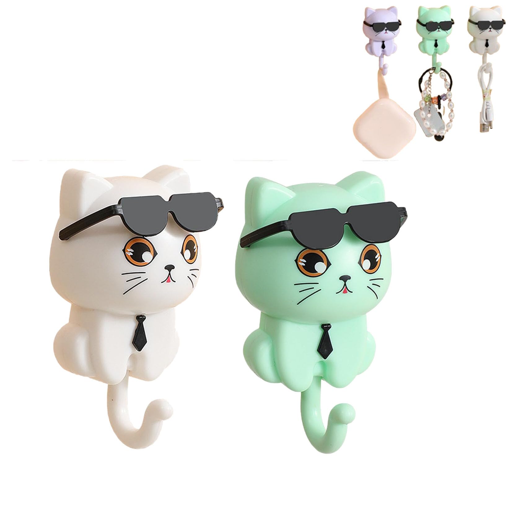 Cool Cat Key Holder, Cat Key Holder, Cute Key Holder for Wall, Cute Cat Key Hook, Cat Key Holder Wall Mount,Cute Sunglasses Cat Adhesive Coat Hooks for Hanging Key, Bag, Hat, Towel (2PCS-D)