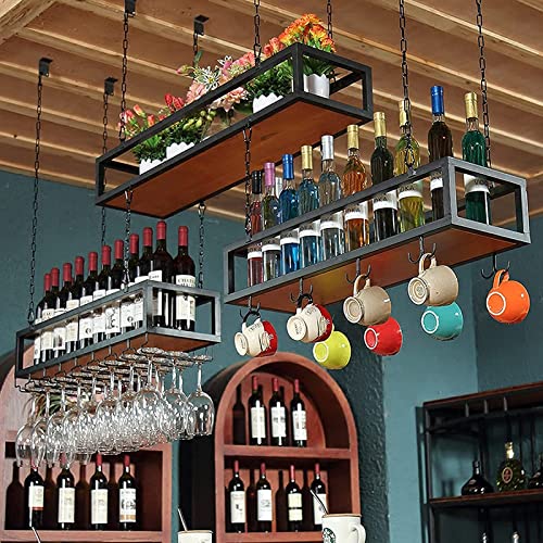 BUYFKG Industrial Ceiling Wine Rack, Iron Solid Wood Ceiling Wine Holder, with 1m Long Iron Chain Industrial Retro Shelves, Restaurants/Bar/Kitchen Storage Shelf (Size : 80cm)