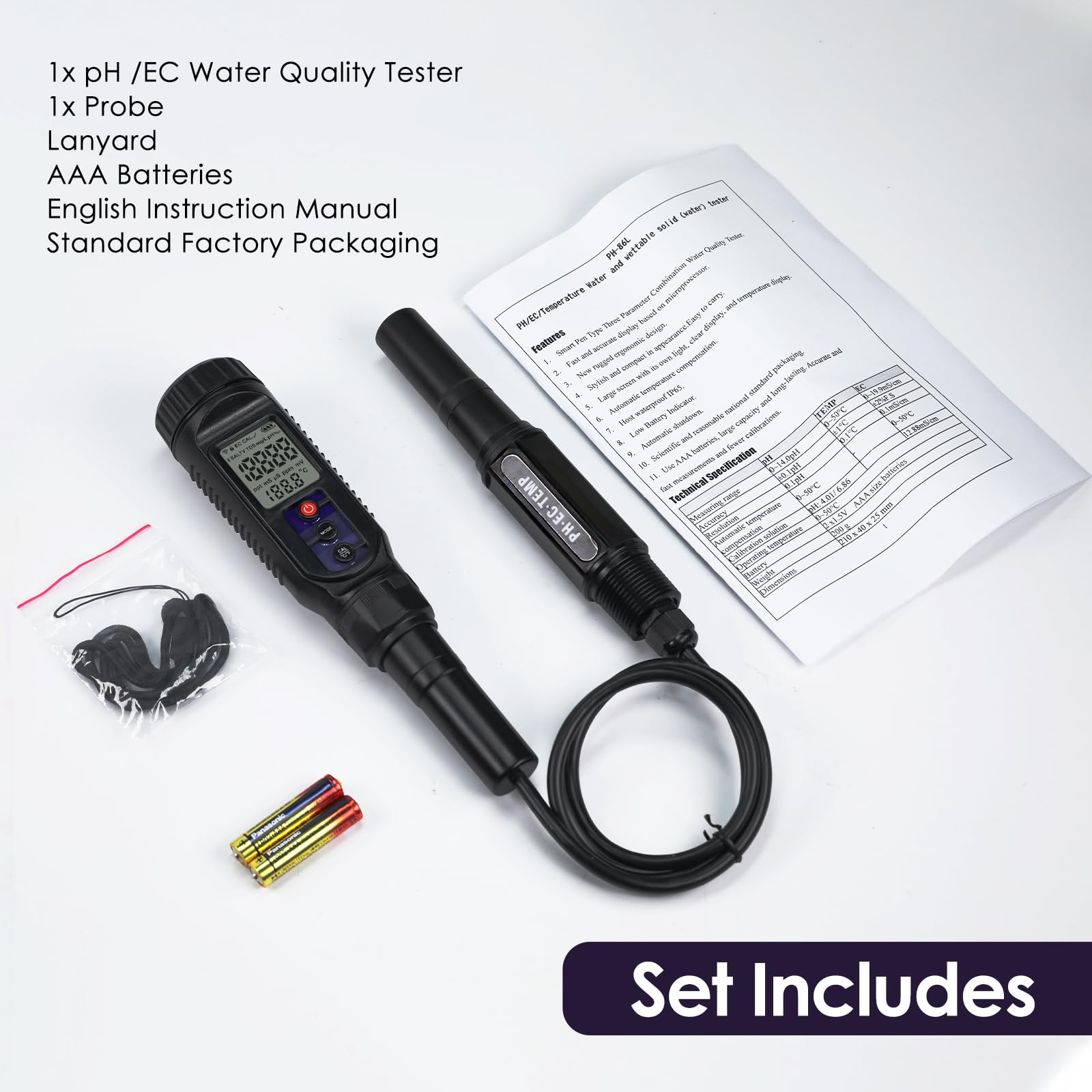 3-in-1 Digital pH | EC | Temperature Tester, Food pH Meter with Corded Sensor IP65 Probe, High Precision pH EC Tester with ATC for Water, Food, Meat, Fermentation, Solid Samples and Soft Soil