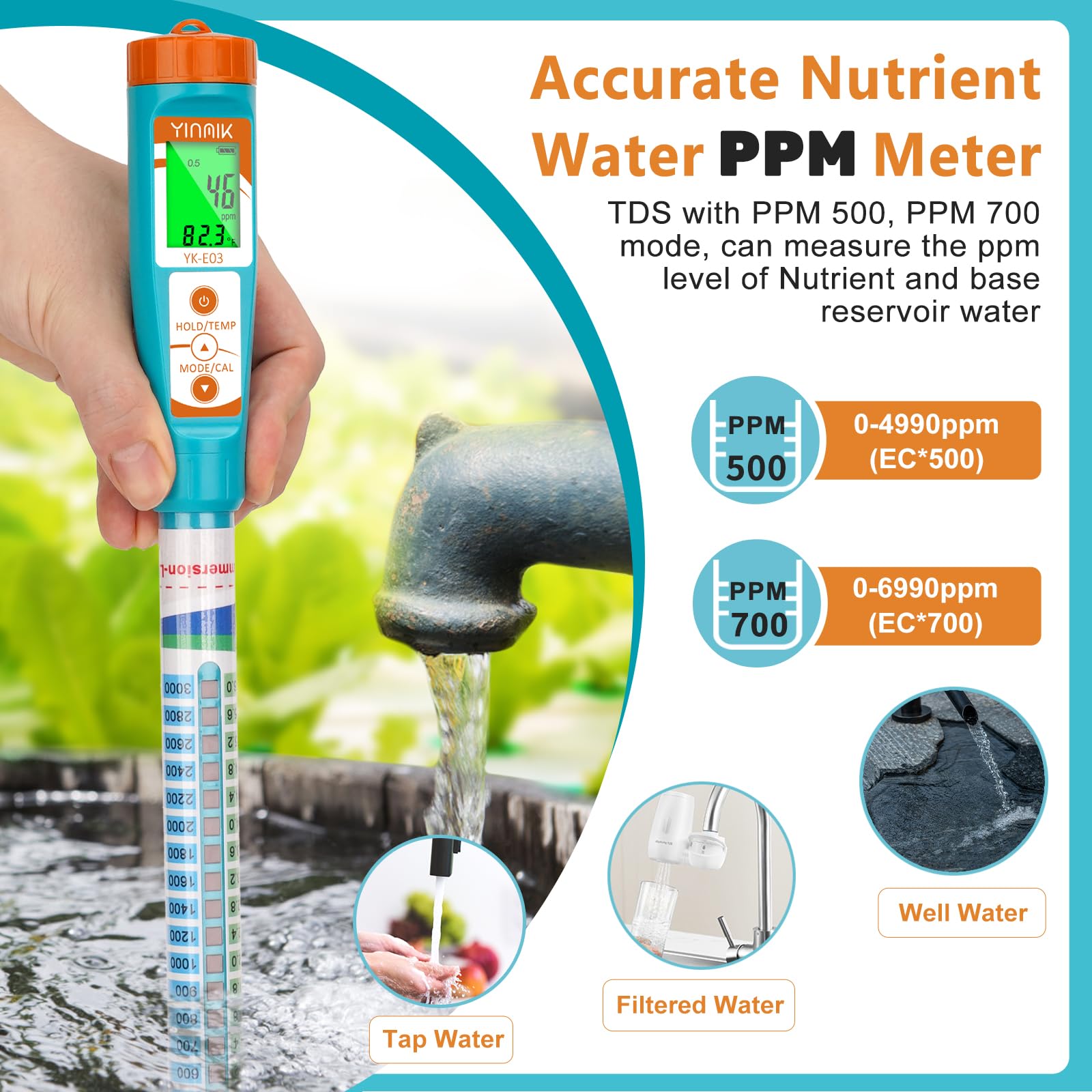 YINMIK Truncheon EC PPM Nutrient Meter for Hydroponic with 1413 μS/cm Calibration Solution 4 Bottles 50mL