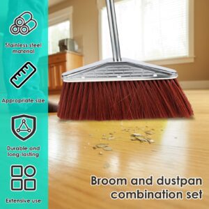 Broom and Dustpan Set Stainless Steel with Long Handle,Heavy Duty Dustpan Broom Set Upright Standing Dust Pan Kitchen Brooms, for Sweeping Kitchen Room Office Lobby Floor