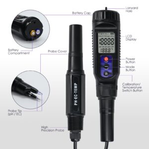 3-in-1 Digital pH | EC | Temperature Tester, Food pH Meter with Corded Sensor IP65 Probe, High Precision pH EC Tester with ATC for Water, Food, Meat, Fermentation, Solid Samples and Soft Soil