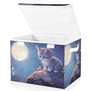 AIXIWAWA Storage Cube with Lid (Night Cute Cat), Fabric Foldable Closet Bins with Flip Lid and Handles, Organizer Basket Container 16.5 x 12.6 x 11.8 IN