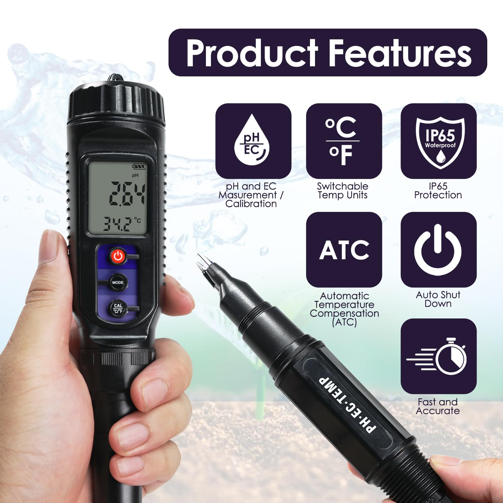 3-in-1 Digital pH | EC | Temperature Tester, Food pH Meter with Corded Sensor IP65 Probe, High Precision pH EC Tester with ATC for Water, Food, Meat, Fermentation, Solid Samples and Soft Soil