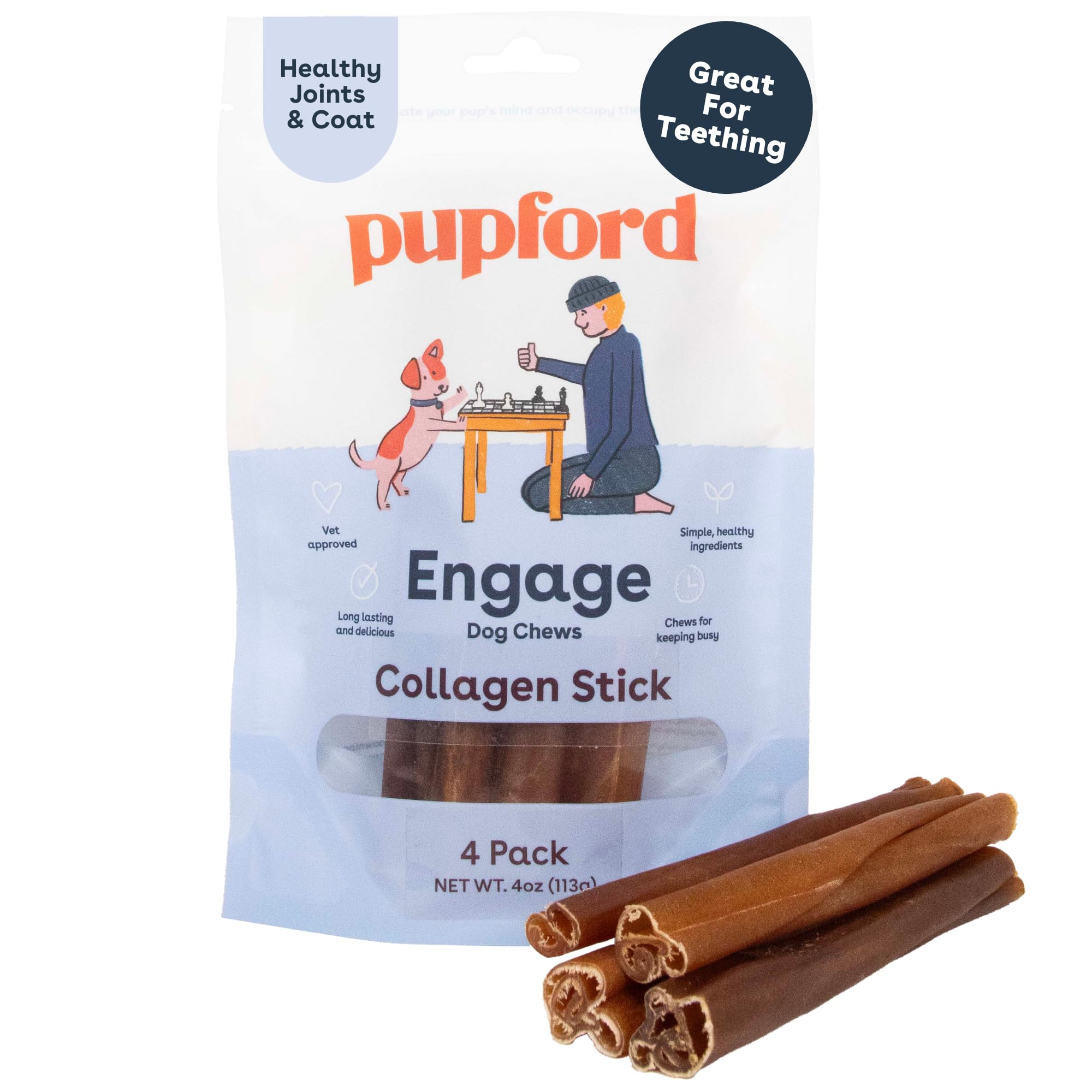 Pupford Collagen Stick Chews for Dogs & Puppies, All Natural, Healthy, Bully Stick and Bone Alternative Treat (6", 4 Pack)