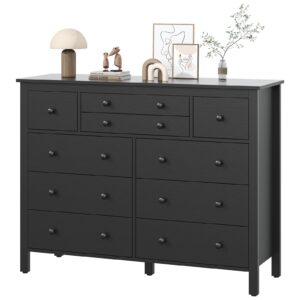 10 drawer large black dresser for bedroom, 47.2" long chest of drawers with deep drawers, modern wooden storage dresser for closet, 36.2" tall dresser tv stand for living room, hallway, entryway