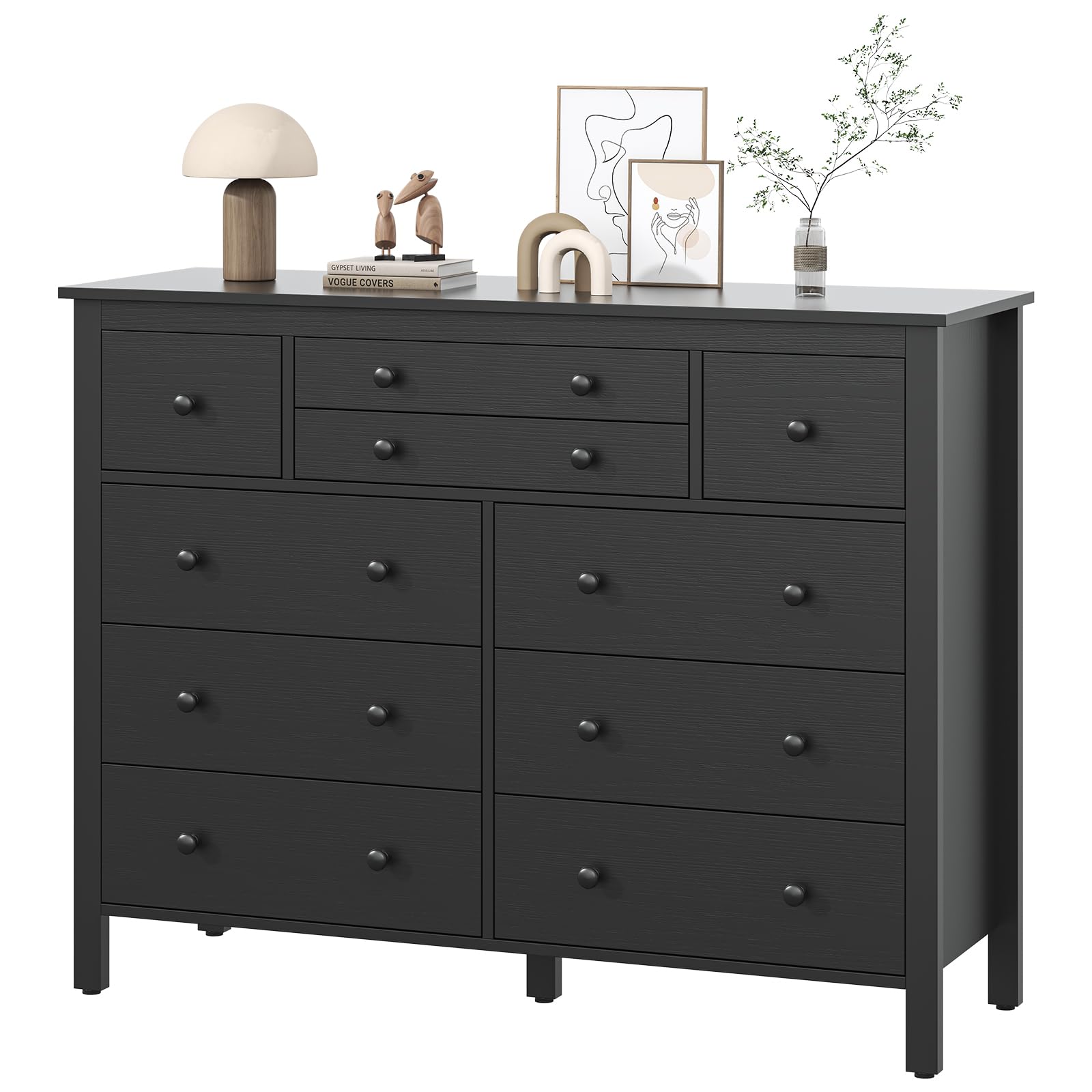 10 Drawer Large Black Dresser for Bedroom, 47.2" Long Chest of Drawers with Deep Drawers, Modern Wooden Storage Dresser for Closet, 36.2" Tall Dresser TV Stand for Living Room, Hallway, Entryway