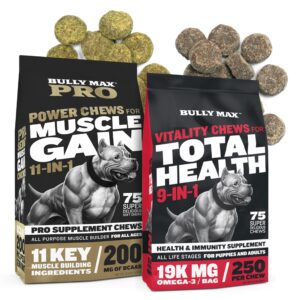 bully max 11-in-1 muscle gain power chews & 9-in-1 total health chews - high protein muscle builder & multivitamin soft chews for puppies & adult dogs - support for muscle, immunity, overall health