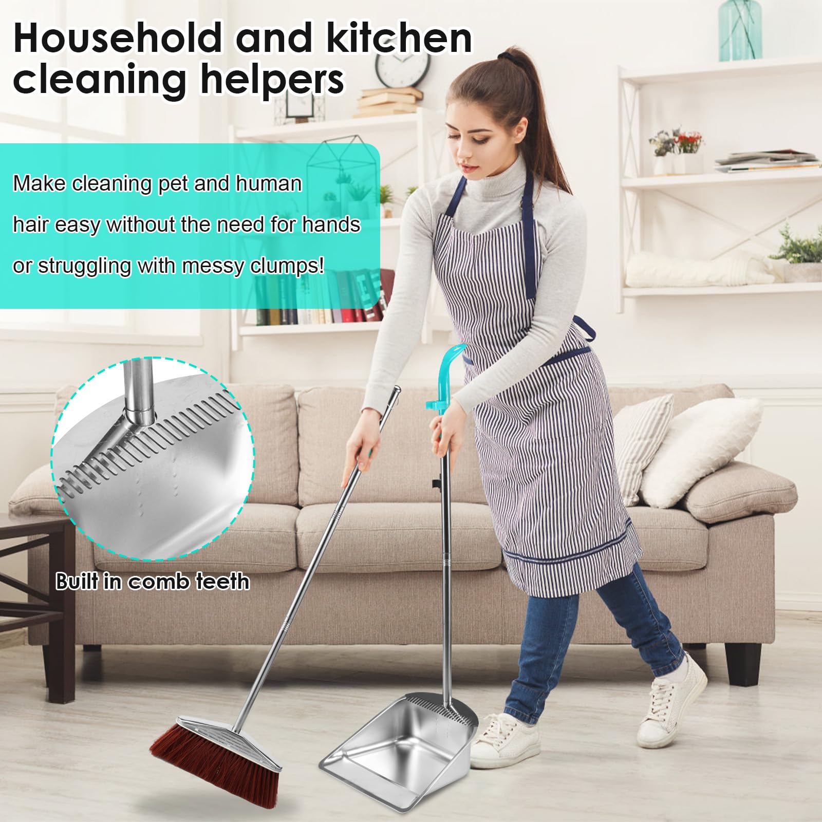 Broom and Dustpan Set Stainless Steel with Long Handle,Heavy Duty Dustpan Broom Set Upright Standing Dust Pan Kitchen Brooms, for Sweeping Kitchen Room Office Lobby Floor