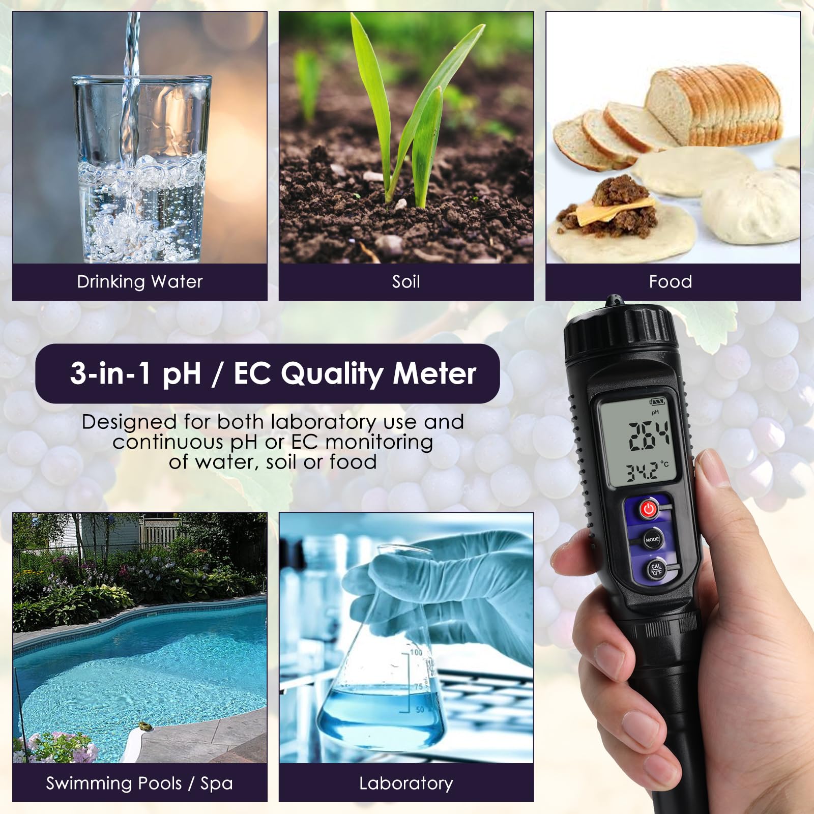 3-in-1 Digital pH | EC | Temperature Tester, Food pH Meter with Corded Sensor IP65 Probe, High Precision pH EC Tester with ATC for Water, Food, Meat, Fermentation, Solid Samples and Soft Soil