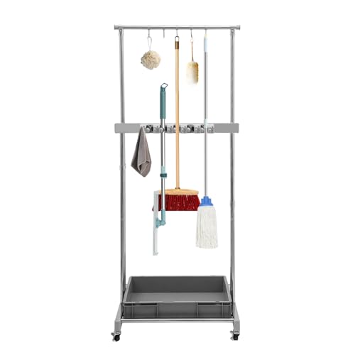 Broom and Mop Holder, 5 mop holes and 12 foldable hooks, Put Wet Mops Movable Floor with a large water tank, Mounted Mop Rack Floor, Stainless Steel Color