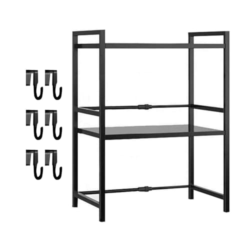 EPIPHQNY Kitchen Counter Microwave Oven Stand Expandable Shelf with Hooks Robust Carbon Steel Pots and Pans Storage Solution