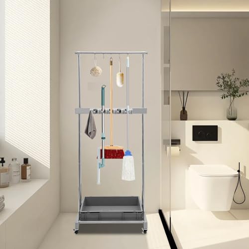 Broom and Mop Holder, 5 mop holes and 12 foldable hooks, Put Wet Mops Movable Floor with a large water tank, Mounted Mop Rack Floor, Stainless Steel Color