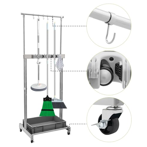 Broom and Mop Holder, 5 mop holes and 12 foldable hooks, Put Wet Mops Movable Floor with a large water tank, Mounted Mop Rack Floor, Stainless Steel Color