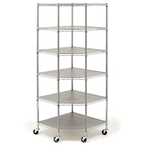 6-Tier Corner Shelf with Wheels, Corner Restaurant Shelf Commercial Food Storage