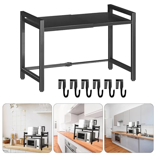 EPIPHQNY Kitchen Counter Microwave Oven Stand Expandable Shelf with Hooks Robust Carbon Steel Pots and Pans Storage Solution