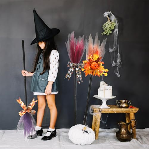 2pcs Halloween Witch Broom, Plastic Broom Witch Broomstick, Halloween Witch Decoration Props, Flying Broomstick for Halloween Costume Party Supplies (B)