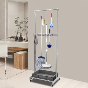 broom and mop holder, 5 mop holes and 12 foldable hooks, put wet mops movable floor with a large water tank, mounted mop rack floor, stainless steel color