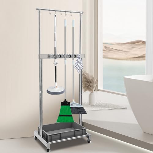 Broom and Mop Holder, 5 mop holes and 12 foldable hooks, Put Wet Mops Movable Floor with a large water tank, Mounted Mop Rack Floor, Stainless Steel Color