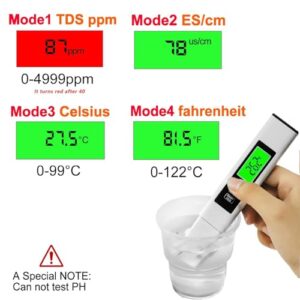 4 in 1 TDS Meter Digital Water Tester – TDS, EC & Temperature Measurement (°C/°F) 0-9990 ppm for for Drinking Water, Aquariums, Hydroponics, RO/DI Systems & More (White)