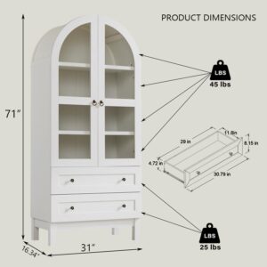 IFBUY 71" Tall Arched Bookshelf, 4-Tier Bookcase with Glass Doors and Shelves, Wooden Display Cabinet w/2 Large Storage Drawers, Modern Farmhouse Versatile Bookshelf for Living Room, Bedroom, White