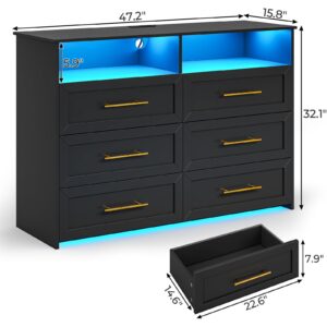 MSmask Black Dresser with LED Lights and Charging Station, Chest of 6 Drawers for Bedroom, Double Dressers with Open Storage, Closet Organizer for Bedroom, Living Room, Entryway