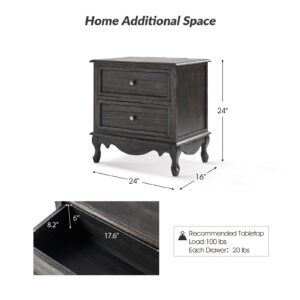 HULALA HOME Wood Nightstands Set of 2 with Charging Station Space, Bedside Tables 2 Drawer Dressers with Drawer and Wooden Legs, French Storages End Tables for Bedroom Living Room, Charcoal