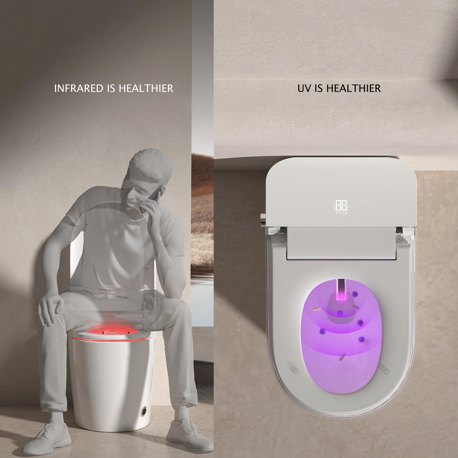 Smart Bidet Toilet with Off-Seat Flush/Foot Sensor Flush, Modern Tankless Toilet with Bidet Built In, Heated Seat, Warm Water&Dryer, Temp. Display, LED Night Light, Electric Toilet with Remote Control