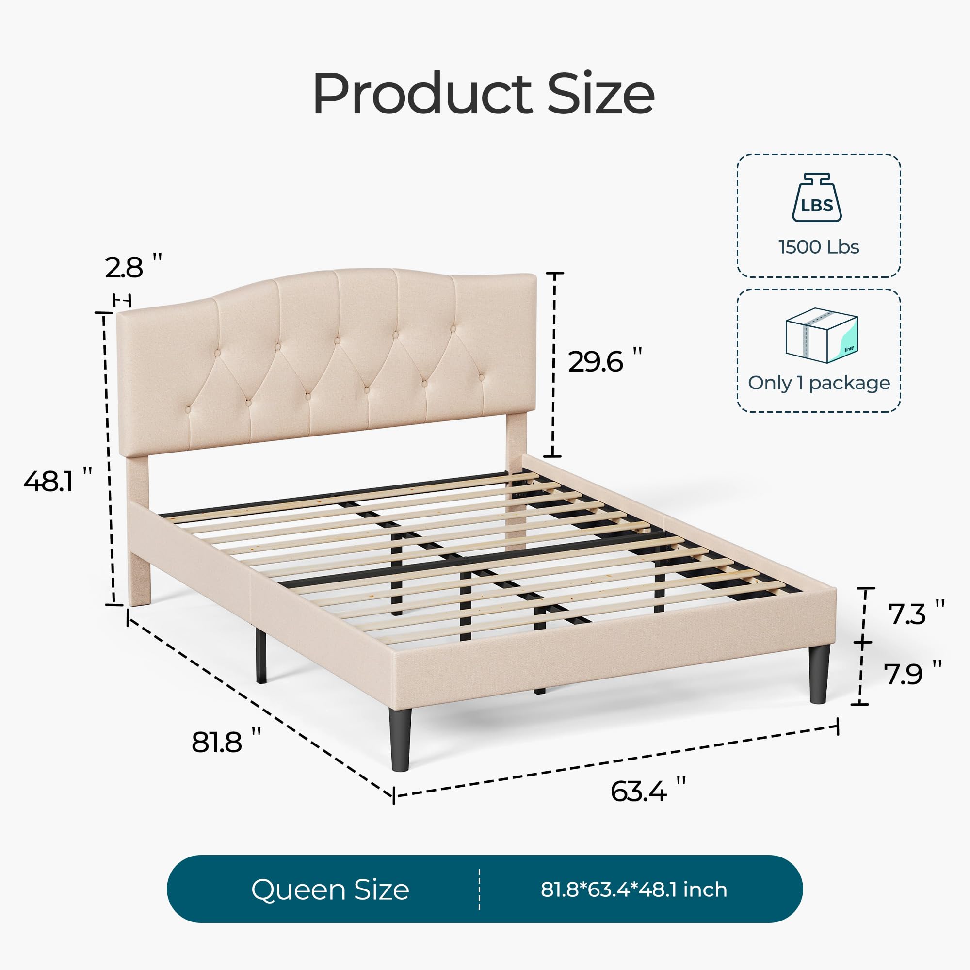 LINSY Queen Bed Frame, Linen Upholstered Platform Bed Frame with Adjustable Headboard & Solid Wood Slat Support, Heavy Duty Platform Bed Queen Size, NO Box Spring Needed, Noise-Free, Beige