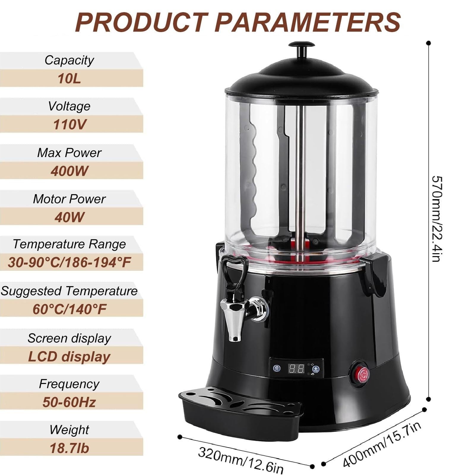 HYTRDJKDF 10L Hot Chocolate Dispenser with Led Display and Adjustable Thermostat 30~90℃, for Heating Chocolate Coffee Milk Tea Juice Tea(110V)